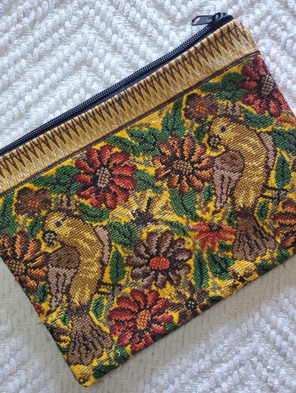 Handmade Tapestry Floral Bird  Zipper Pouch Cosmetic Bag Cottage Bohemian